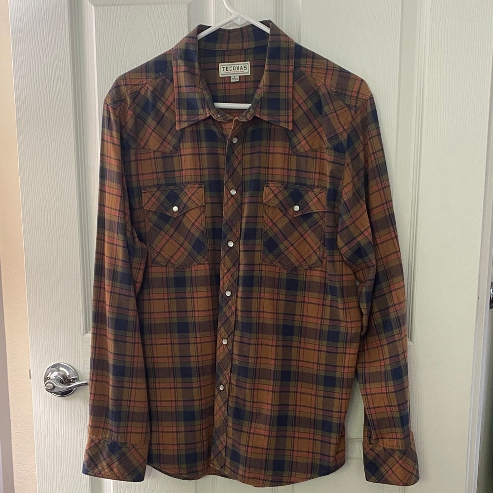Tecovas Brown Plaid Button-Down Shirt with Navy Accents